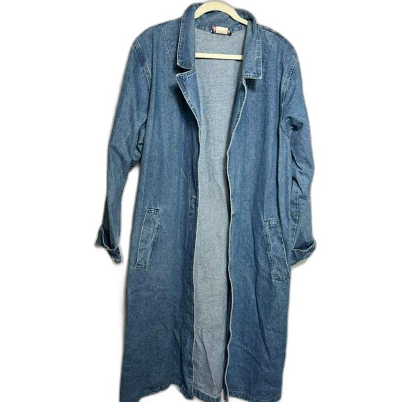 Vintage Denim Trench Coat Women's Size 2X Blue Chambray Jacket Retro Midi Hippie - Picture 1 of 7